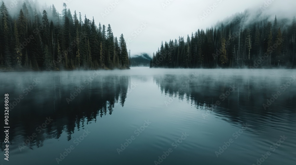 Aufkleber a misty forest standing tall by a calm lake, its reflection creating a mirror image on the still wat