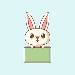 Cute rabbit hold blank space board banner kawaii chibi character mascot illustration outline style