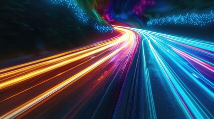 Obraz premium Bright, colorful light trails captured from moving traffic at night