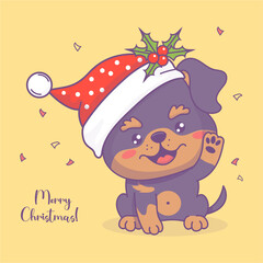 Cute happy Christmas dog Rottweiler in Santa hat with holly. Holiday cartoon kawaii character animal. Vector illustration. Merry Christmas card