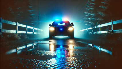 Police car on foggy night road
