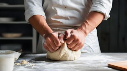 Obraz premium A skilled male baker's hands deftly kneading dough on a wooden surface.