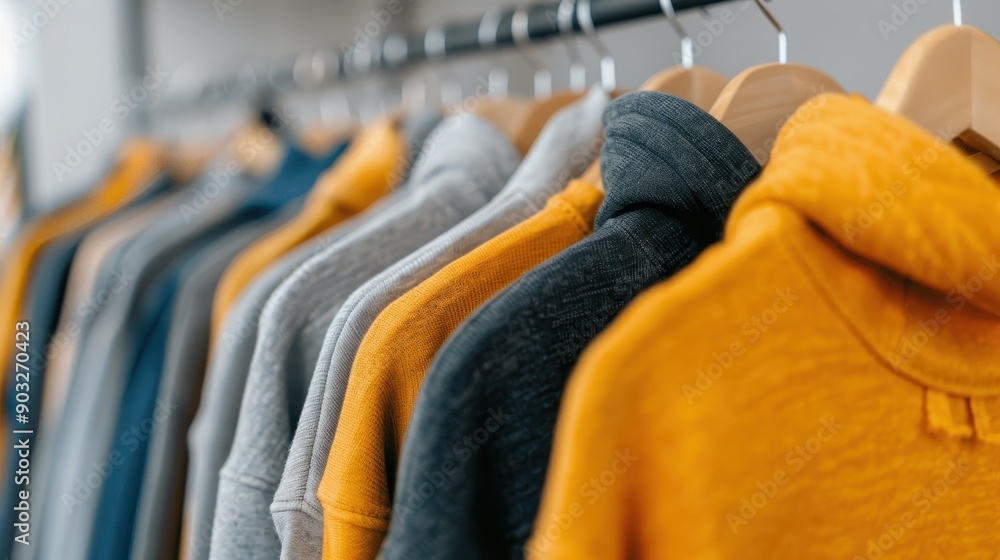 Poster a collection of assorted hooded sweatshirts in various vibrant colors neatly displayed on a clothing