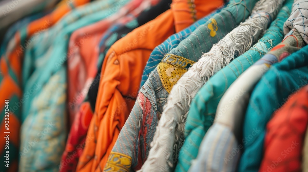 Aufkleber an array of colorful jackets hangs neatly on a clothing rack, showcasing a vibrant mix of patterns a