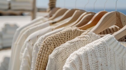A collection of white and beige knit sweaters hanging neatly on a rack, with sunlight streaming in, highlighting their textures and creating a refreshing scene.