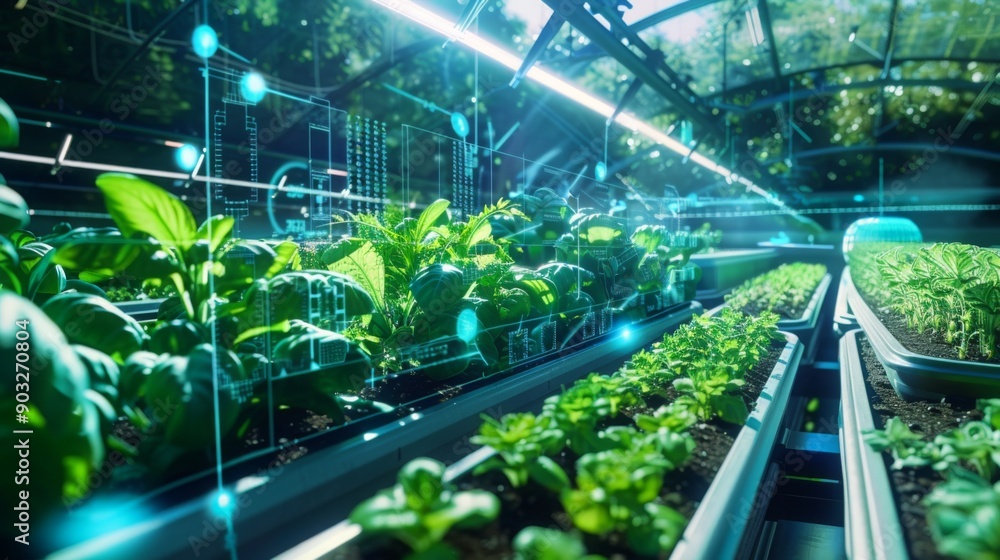 Aufkleber a view down the rows of an indoor farm, showing plants growing in containers under artificial lighti