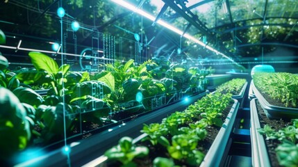 A view down the rows of an indoor farm, showing plants growing in containers under artificial lighting. Digital data is overlaid on the scene, indicating a focus on precision agriculture.