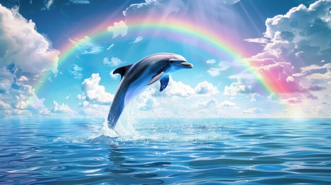 A dolphin jumping out of the water with a rainbow in the background