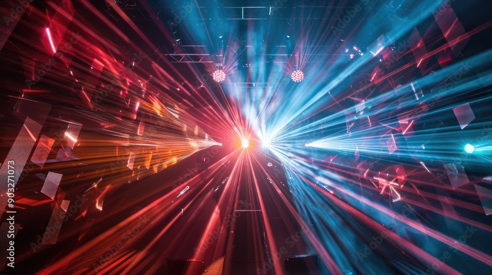 Poster a mesmerizing light show with multiple colored lasers and beams