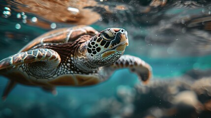 Fototapeta premium A beautiful underwater image showcasing a sea turtle swimming in a clear underwater setting filled with colorful corals, demonstrating the beauty and calmness of marine life.