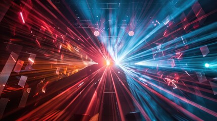 A mesmerizing light show with multiple colored lasers and beams