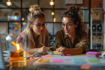 Fototapeta premium Dynamic Idea Generation: Young Businesswomen Collaborate with Adhesive Notes for Project Planning