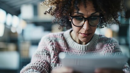 A woman wearing eyeglasses is highly focused while reading a document in an office environment. The image captures concentration and productivity in a modern workplace setting.
