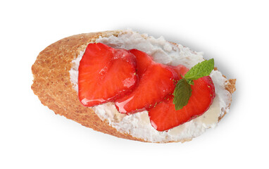 Delicious ricotta bruschetta with strawberry and mint isolated on white, top view