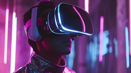 Man wearing VR Glasses in a metaverse world