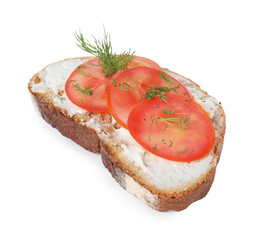 Delicious ricotta bruschetta with sliced tomatoes and dill isolated on white