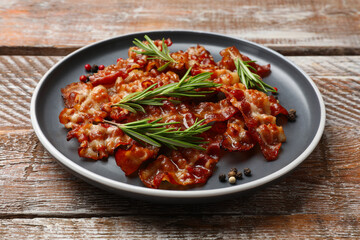Slices of tasty fried bacon, peppercorns and rosemary on wooden table