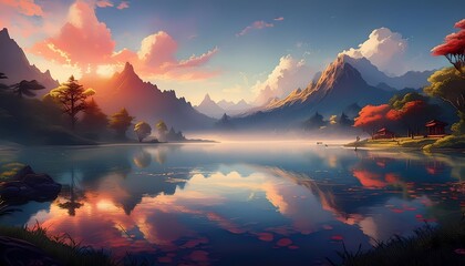 Obraz premium Serene mountain lake with mist and morning light at dawn, peaceful and mystical