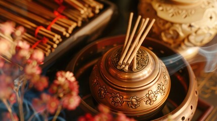 Moxibustion treatment traditional Chinese medicine tools for acupuncture points heating therapy Chinese herbal medicine Moxibustion copper burner box with moxa herbal sticks in holistic spa