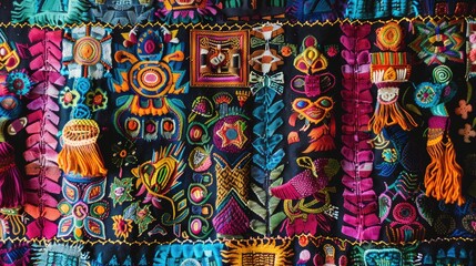 Naklejka premium Handmade textile detail made by Guatemalan artisan in Central America colorful detail full of tradition and culture colonial history Mayan cosmovision