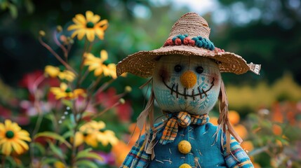 Close up image of a bright and cheerful garden scarecrow