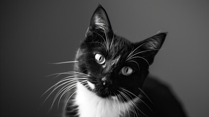 A black and white Tuxedo domestic shorthair cat with markings on its face that look like a mustache