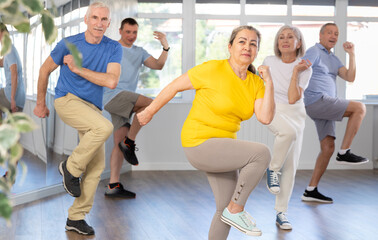 Positive elderly woman practicing Tai Chi with group of aged people, promoting health and wellness...