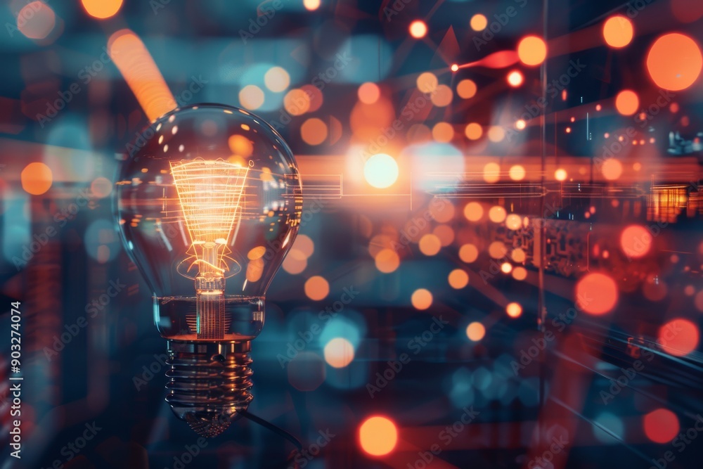 Poster light bulb with golden bokeh lights in the background symbolizing creativity and warmth in a festive
