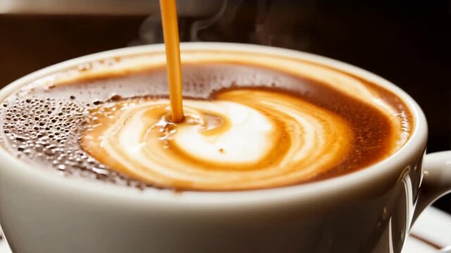 dark hot coffee pouring from above to white coffee cup ,generative ai	
