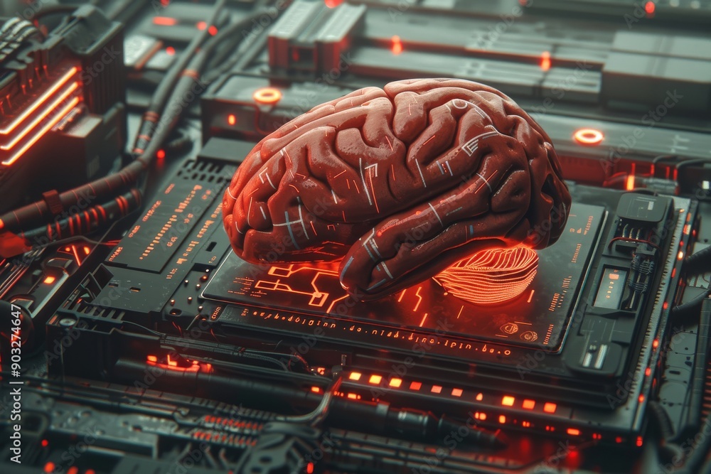 Poster brain on a circuit board symbolizing technological innovation and intelligence in a modern detailed 