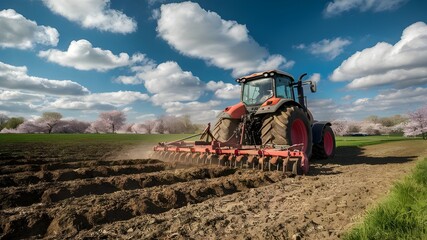 Obraz premium A tractor meticulously cultivating a vast, green field during the vibrant spring season.