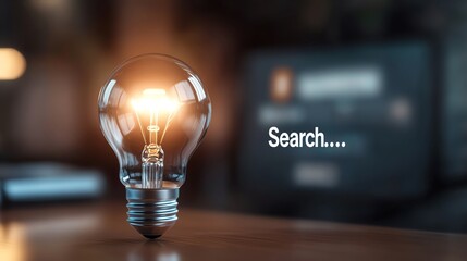 Illuminated light bulb symbolizing ideas and creativity, perfect for concepts of searching and innovation in technology.