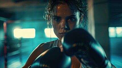 Fit slim young beautiful brunette woman boxing in sportswear Dark dim light Toned image