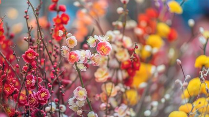 Colorful Blossoming flowers for sale at traditional flower market during chinese new year festival Pussy willow is usually used as Lunar New Year decoration in Chinese soft focus