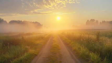 Dirt road in rural landscape with fields both sides Early morning with mist and fog Glow from rising sun