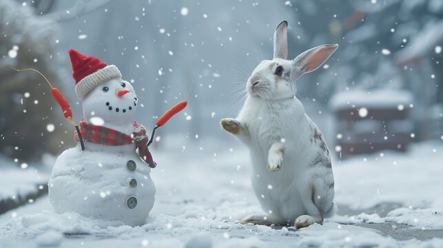 White rabbit and snowman Rabbit and red carrots White hare on the street in winter The rabbit stands on its hind legs in the snow outside