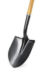 Metal shovel with wooden handle isolated on white
