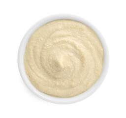 Delicious hummus in bowl isolated on white, top view