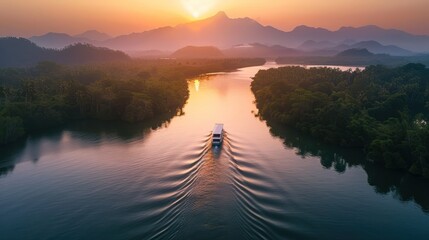 Aerial view of river and boat in tropical green forest with mountains in background