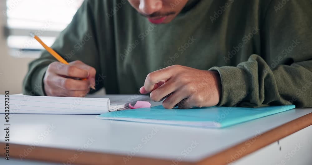 Poster student, writing and cheating note for exam with answers, information and learning in classroom. lia