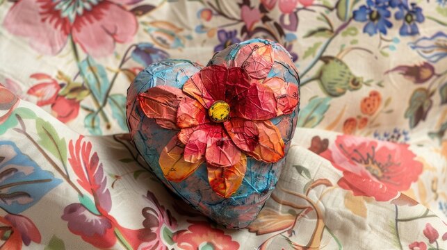 Paper mache heart and flower on fabric for crafts