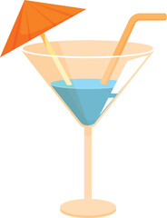 Blue cocktail served in martini glass with cocktail umbrella and straw