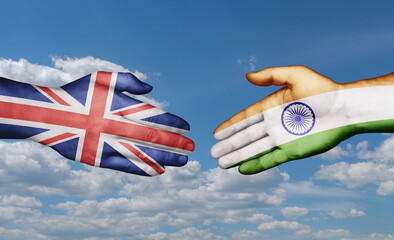 India and United Kingdom country handshaking with flags, consensus concept international co-operation illustration