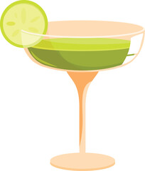 Margarita cocktail glass is filled with green alcoholic drink and decorated with slice of lime
