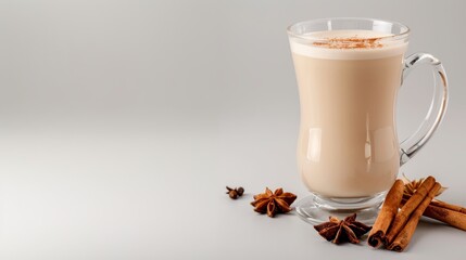 Traditional chai in a glass cup with a spice blend, isolated on a plain background, ideal for copy space