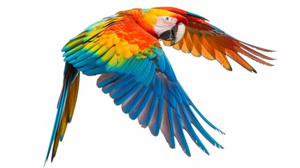 Fototapeta premium Vibrant macaw captured mid-flight, its colorful feathers vivid against a plain white background, providing space for copy text