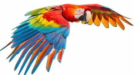 Fototapeta premium Vibrant macaw captured mid-flight, its colorful feathers vivid against a plain white background, providing space for copy text