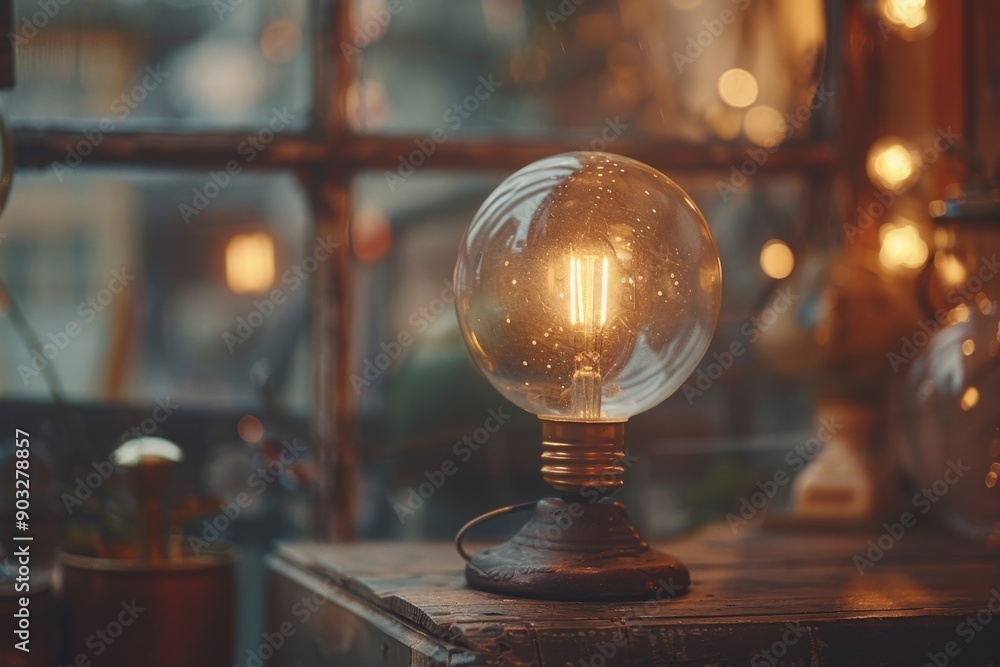 Poster vintage light bulb with warm glow in a rustic setting symbolizing creativity and nostalgia in a clas
