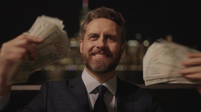 Successful business man investor. Financial investment. Successful business. Businessman with money outdoor. Businessman banker invest money in business. Successful business brings money