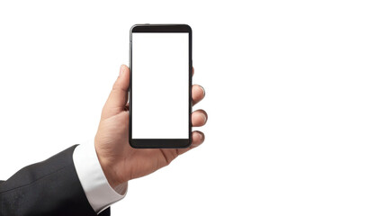 Hand holding mobile phone on transparent background